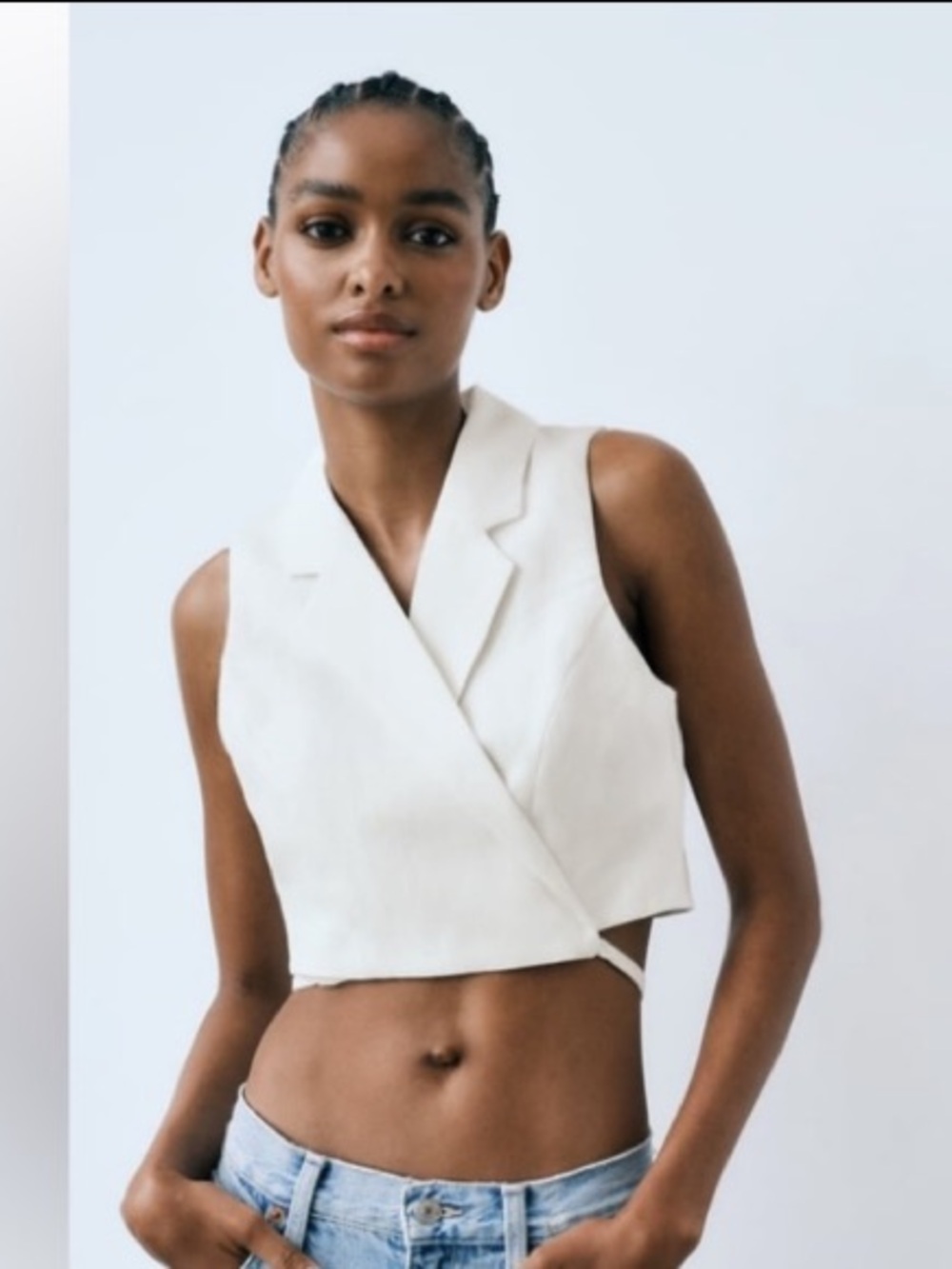 Zara White Linen Blend Tailored Crop Vest